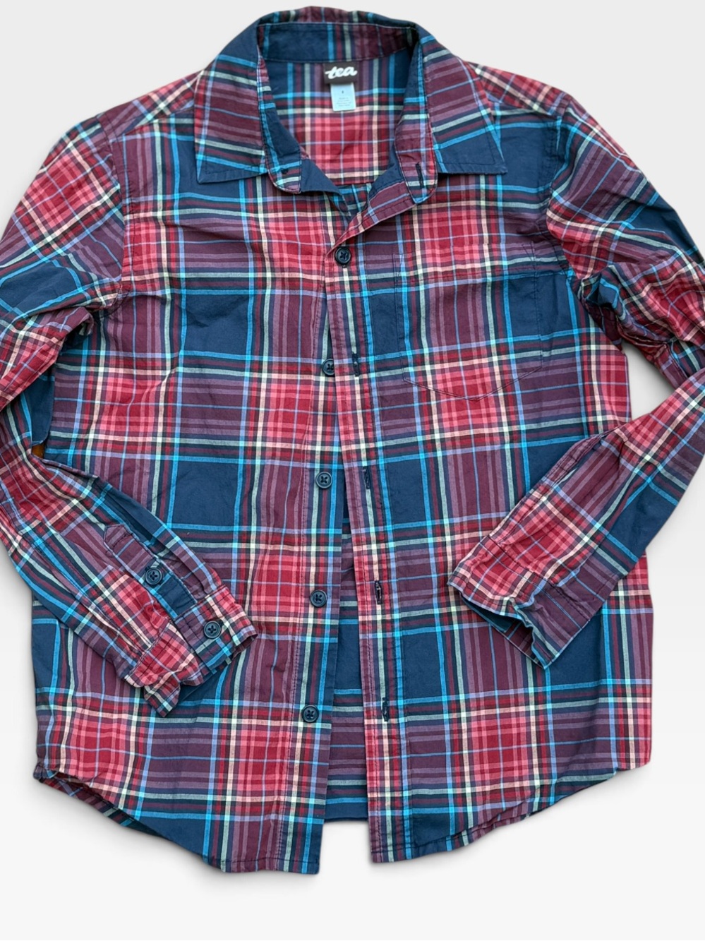 Tea Collection Plaid Button Shirt Kids Sz 8 Red Blue Navy